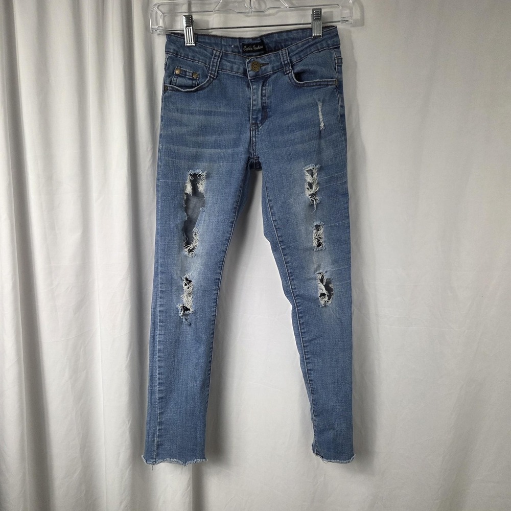 Cutie's Fashion Jeans Girls 10 Blue Light Wash Mid Rise Skinny Ripped Denim